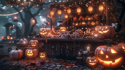  A creepy Halloween candy station set up in a graveyard with ghostly decorations.