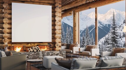 A mountain lodge's reception area featuring a blank white mockup on a wooden log cabin wall, with cozy armchairs, a roaring fireplace, and panoramic windows offering views of snow-capped peaks.