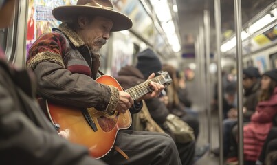 old man playing guitar in crowded new york subway on way to work