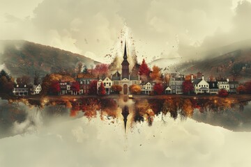 Obraz premium A pencil-shaped umbrella in a flat design style illustration against a yellow background A collage of iconic monuments and modern public art