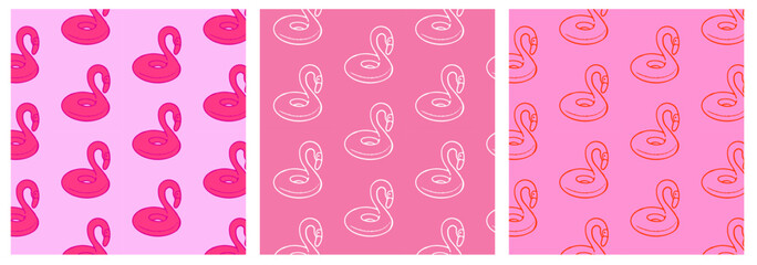Flamingo pool float seamless pattern. Set of pink summer patterns. Travel and leisure concept for design and print.	