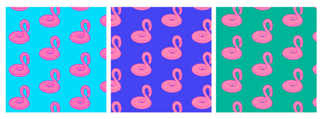 Flamingo pool float seamless pattern. Set of colourful summer patterns. Travel and leisure concept for design and print. 