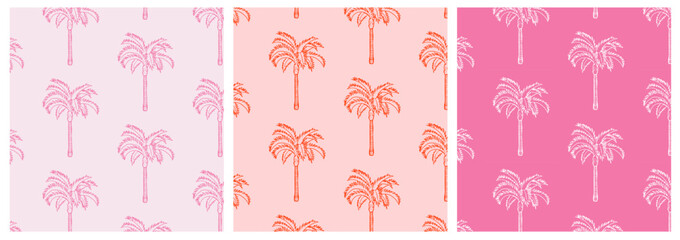 Palms pattern set. Pink and red palm trees wallpaper. Tropical design backdrop. Summer and vacation concept for design, textile, and wallpaper.