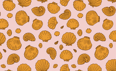 Shells seamless pattern. Hand drawn seashells on pink background. Marine inspired design. Coastal and beach theme.	