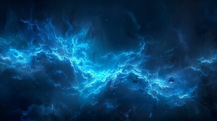A striking background of electric blue pulses and sparks against a dark, stormy sky