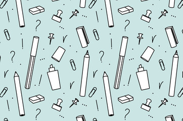 Office supplies seamless pattern. Pens, pencils, erasers, and paper clips illustrations. Geometric design for wallpaper and textile. Stationery supplies on blue background. 