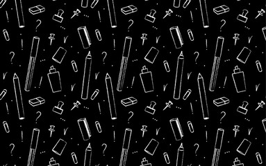 Office supplies seamless pattern. Pens, pencils, erasers, and paper clips illustrations. Geometric design for wallpaper and textile. Stationery supplies on black background. 