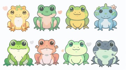 Sweet and delightful kawaii style frogs, each frog illustrated with unique, charming designs and pastel colors, on white