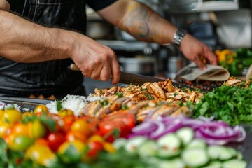 Chef Slicing Marinated Chicken Shawarma Amidst Fresh Ingredients in a Vibrant Kitchen Scene