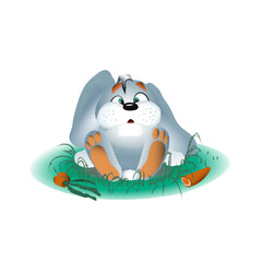 colorful vector illustration of a playful hare who has eaten too much carrots and sitting on the grass