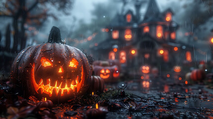 Fototapeta premium A creepy Halloween candy table in a yard with glowing pumpkins and spider webs.