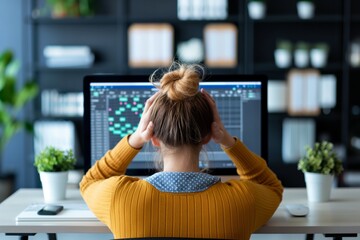 Woman sitting at desk, overwhelmed with computer work, hands on head. Office setting, productivity, stress in modern workspace.