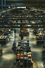 Organized Airport Lost and Found Area with Browsing Travelers and Arranged Luggage Rows