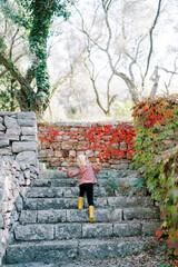 Little girl climbs the old stone steps in the park. Back view
