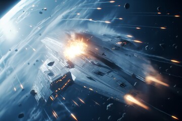 Futuristic space battle scene with spacecrafts and explosions, showcasing intense action in the vast expanse of outer space.