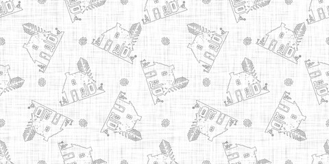 Obraz premium White neutral minimal house motif with Linen effect texture for baby nursery seamless background. Modern muted simple soft motif pattern for wallpaper , home decor white gray design. 