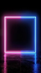 Square rectangle picture frame with two tone neon color motion graphic on isolated black background. 3D illustration rendering. Empty copy space