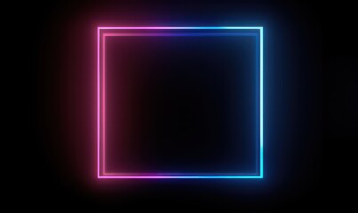 Square rectangle picture frame with two tone neon color motion graphic on isolated black background. 3D illustration rendering. Empty copy space