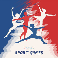 Template of covers or posters with hand drawn silhouette of female gymnasts against the France flag background, representing Sports games event in Paris . Modern card with Olympic women athletes 