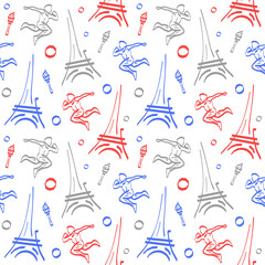 Seamless pattern with Eiffel tower, torch with flame, rings and athlete sportsperson in France flag colors. Endless wallpaper or background for sport championship, competition in Paris