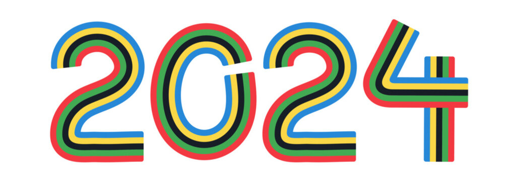 Template of bright text number 2024 with Olympic colors stripes, ribbons, flags, lines isolated on transparent background. Colorful lettering, font, logo for international sport games in Paris.