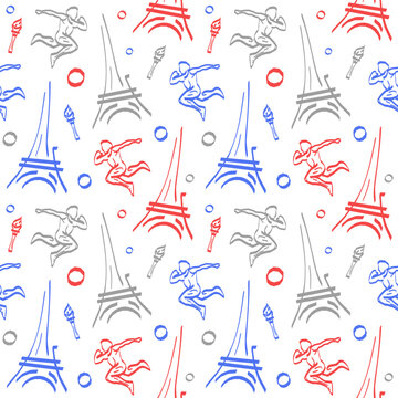 Seamless pattern with Eiffel tower, torch with flame, rings and athlete sportsperson in France flag colors. Endless wallpaper or background for sport championship, competition in Paris