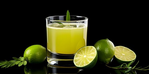Fototapeta premium Tequila Lime Shot in a Glass on White Background. Concept Cocktail Photography, Tequila Lime Shot, White Background, Drink Photography, Refreshing Beverages