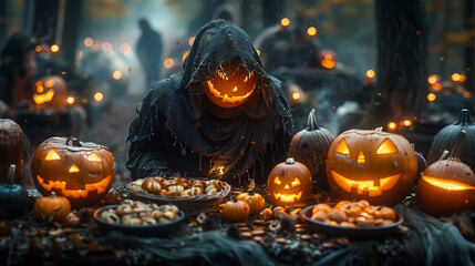  A dark, spooky forest with a table of Halloween sweets and glowing pumpkins.