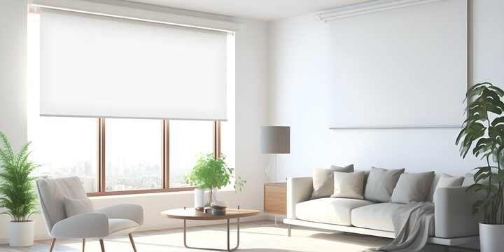 Modern room interior design with automatic solar shades and roller blinds. Concept Home Automation, Interior Design, Solar Shades, Roller Blinds, Modern Decor