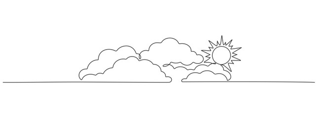 Obraz premium Vector illustration of bright summer sun with clouds drawn with one continuous line. Sunny summer weather single line design.