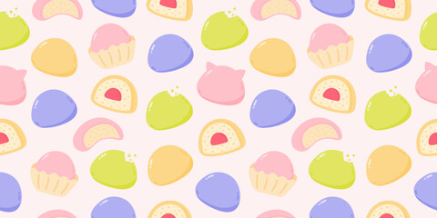 Seamless pattern with mochi of different tastes