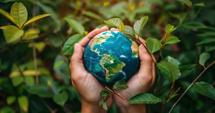 Green leaves entwining a small globe held by a hand, emphasizing nature conservation and ecological balance, suitable for environmental projects. Environmental carbon reduction