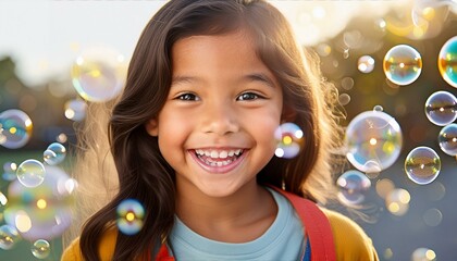 Fototapeta premium A young girl with wide, amber eyes filled with excitement, against a backdrop of floating bubbles