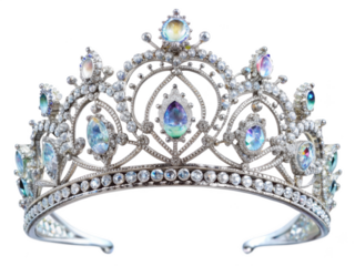 Ornate Silver Tiara With Gemstones featuring intricate metalwork and multiple colorful gemstones. Isolated on transparent background, png.