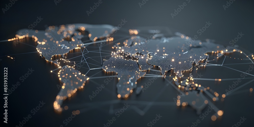 Poster abstract world map network illuminated in darkness lines and dots. concept abstract art, world map, 