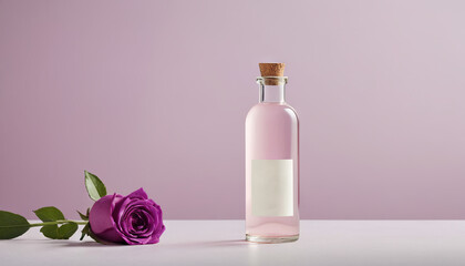 A rose rests next to a bottle labeled Rosewater and True Rose Infused Water on a white surface. Background is soft pink