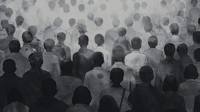 The black and white drawing shows a crowd of people and we can only see their backs. The concept of depersonalization of the masses, as all people are gray and stand densely in space