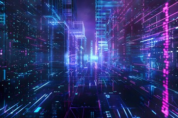 Fototapeta premium A dark background with neon blue and purple lights illuminating the space, creating an atmosphere of futuristic technology and digital worlds 