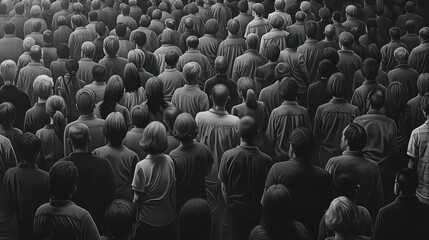 Obraz premium The black and white drawing shows a crowd of people and we can only see their backs. The concept of depersonalization of the masses, as all people are gray and stand densely in space