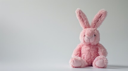 A cute pink bunny plush toy stands alone against a clean white backdrop It s a soft and delightful stuffed rabbit perfect for Easter celebrations featuring traits akin to both the Easter Bu