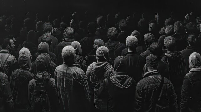 The black and white drawing shows a crowd of people and we can only see their backs. The concept of depersonalization of the masses, as all people are gray and stand densely in space