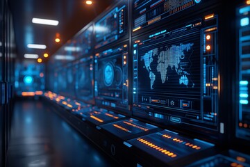 Futuristic control room concept showcasing a global data network with a world map and data points