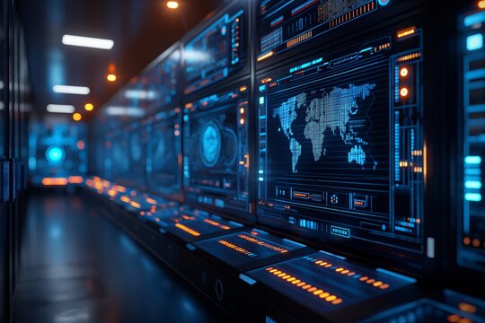 Futuristic control room concept showcasing a global data network with a world map and data points