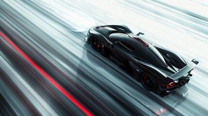 Black hypercar in motion blur with red and orange light, A black hypercar speeding with motion blur and red-orange light trails on a light background