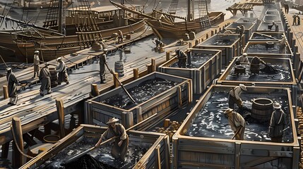 A realistic illustration of a scene in the 19th century at a Chinese seaside dock where a large number of workers are pouring black powder from wooden crates into multiple large pools. The dock is mad