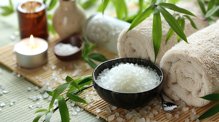 Serene Spa Setting with Rolled Towel, Candle, and Bath Salts