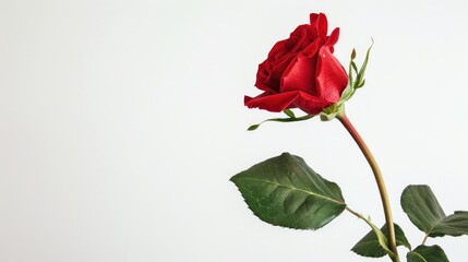 A red rose blossom set against a pure white backdrop