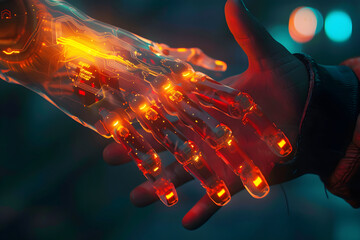 Human and robotic hands in a glowing handshake, symbolizing technological collaboration and advanced human-robot interaction