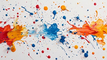 An energetic background of colorful paint splashes and splatters on a white canvas