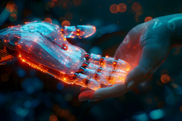 Human hand touching a glowing robotic hand, symbolizing human-robot connection and future technology collaboration